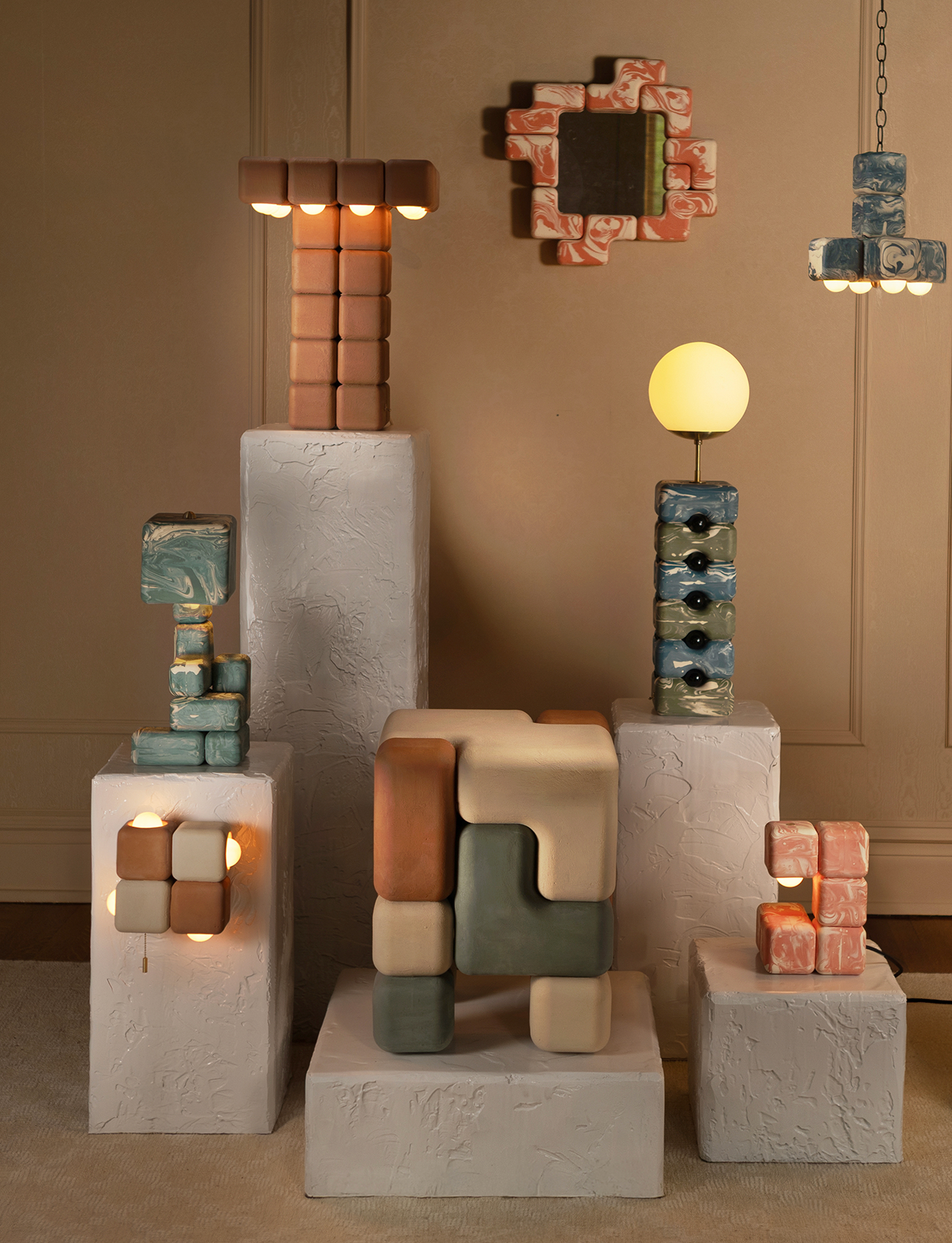 Cube Stack Table - Three-tone plaster finish