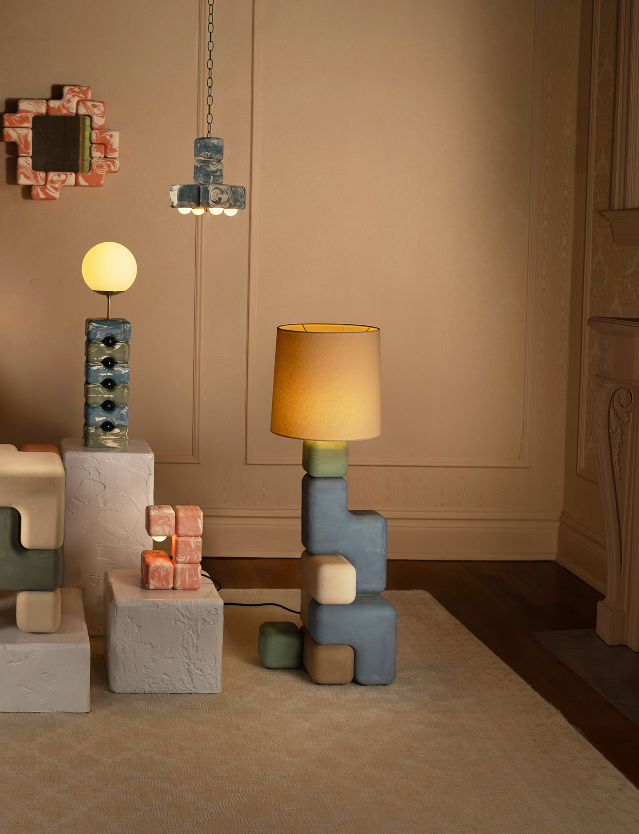 Cube Stack Floor Lamp - Three-tone plaster finish